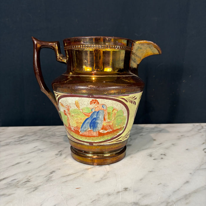 19th Century English Copper Lustreware Pottery Pitcher Jug with Classical Handpainted Figural Decoration