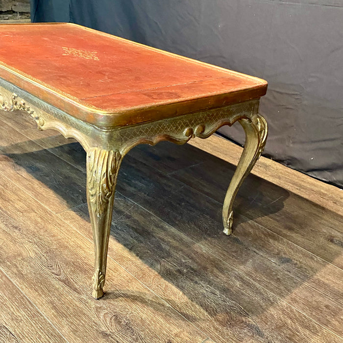 French Louis XV Coffee Table Gold Gilt Paint Carved with Leather Embossed Top