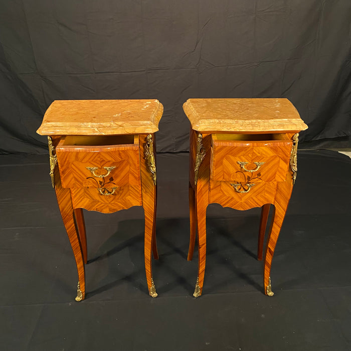 French Louis XV Pair Marble Top Nightstands or Side Tables Mid 20th Century