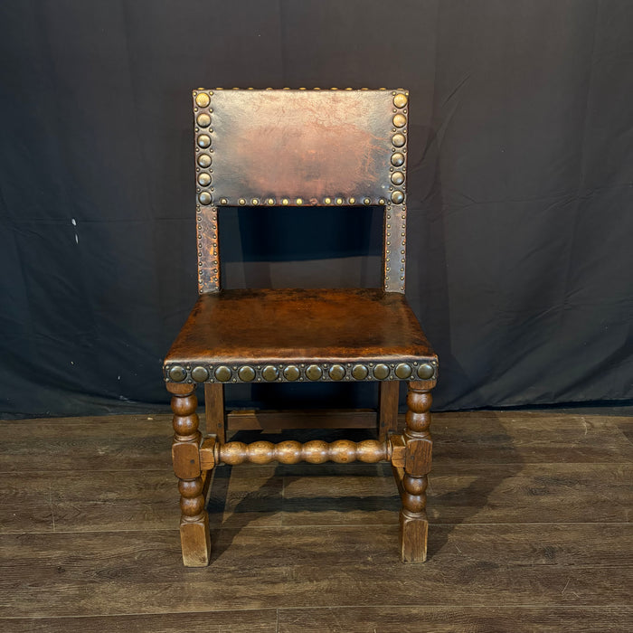 French Antique Set of Leather and Nailhead Dining Chairs with Bobbin Legs