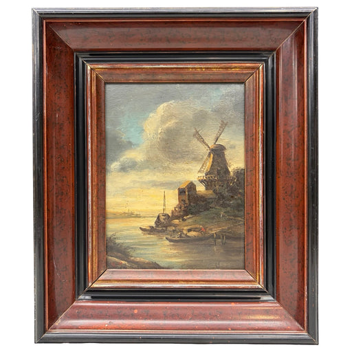 Antique Oil Painting Dutch School Landscape with Windmill on a Canal