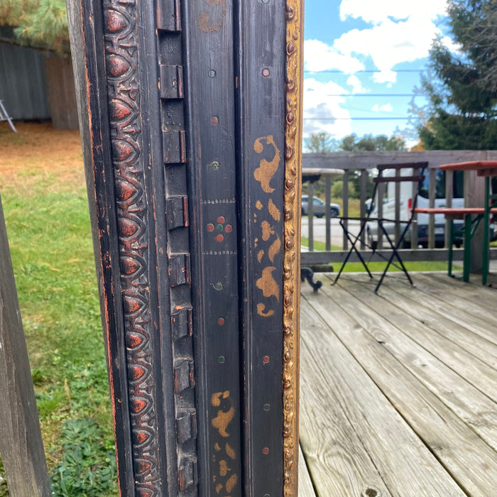 Large French 16th Century Renaissance Painted and Gilt and Ebony Carved Framed Mirror