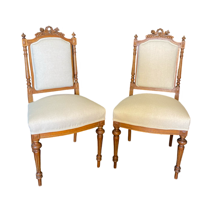 French Louis XVI 19th Century Walnut Pair of Carved Side Chairs