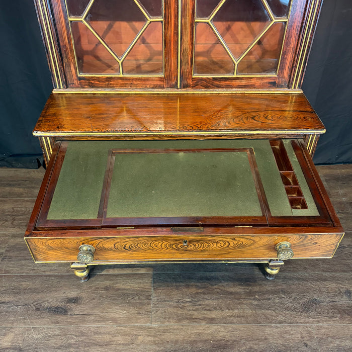 Early 19th Century English Regency Faux Rosewood Secretary Bookcase with Writing Drawer