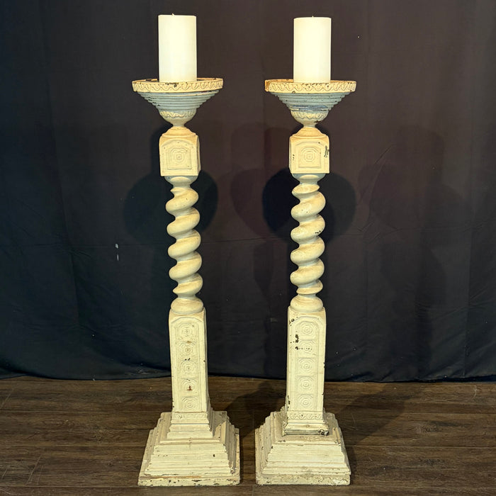 Pair of Monumental 19th Century French Carved Architectural Wood Church Altar Candlesticks with Barley Twist Columns, Almost 4 Feet Tall
