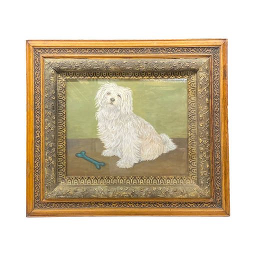 Large Signed English Portrait of a White Maltese Terrier Dog