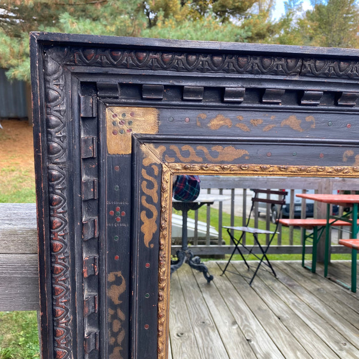 Large French 16th Century Renaissance Painted and Gilt and Ebony Carved Framed Mirror