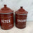 Set of Five French Reddish Brown Enamel Kitchen Canisters with Original Lids
