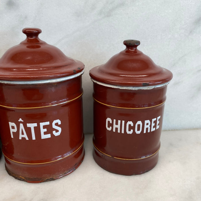 Set of Five French Reddish Brown Enamel Kitchen Canisters with Original Lids