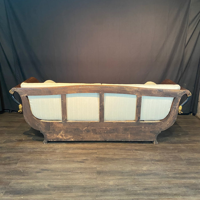 Period French Empire Mahogany and Ebony Gilded Neoclassical Sofa with Carved Gold Swan Figurines