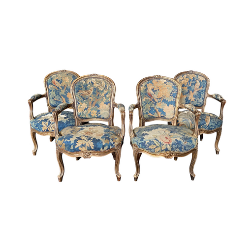 Set of Four Regal Aubusson Bird Tapestry Upholstered Armchairs or Fauteuils