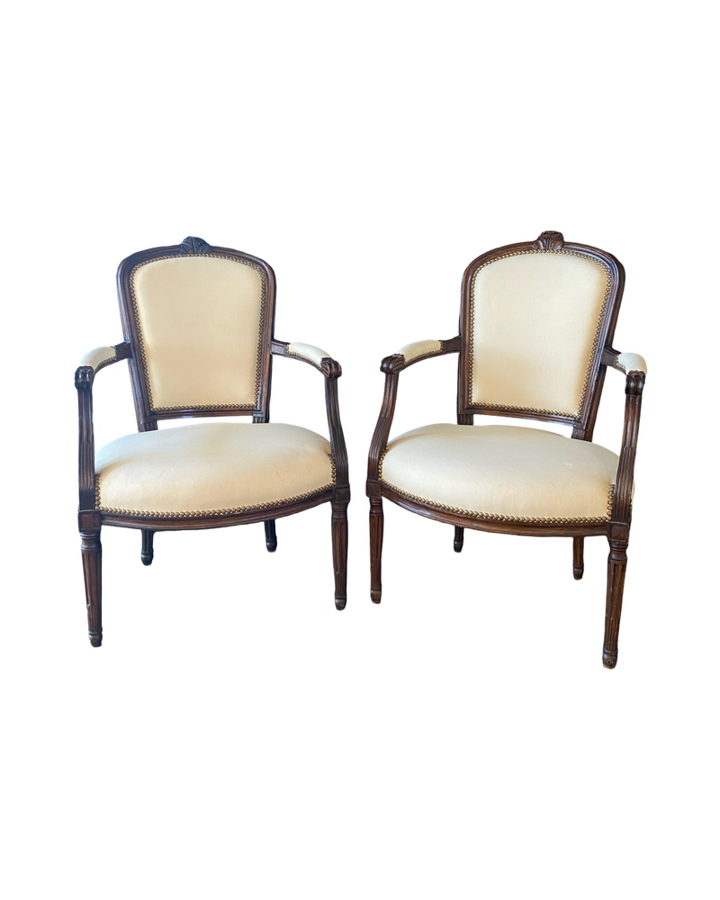 French Pair Louis XVI Carved Mahogany Fauteuil Arm Chairs