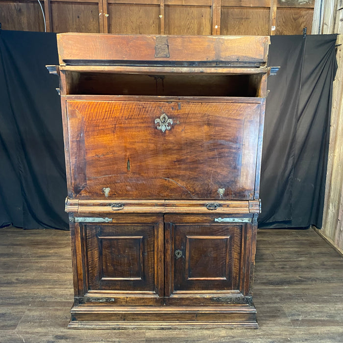18th Century Spanish Baroque Walnut Bargueno or Vargueno Fall-Front Writing Desk Cabinet Spanish Cabinet "Bargueño" or Vargueno on Stand, Original Wrought Iron and Keys