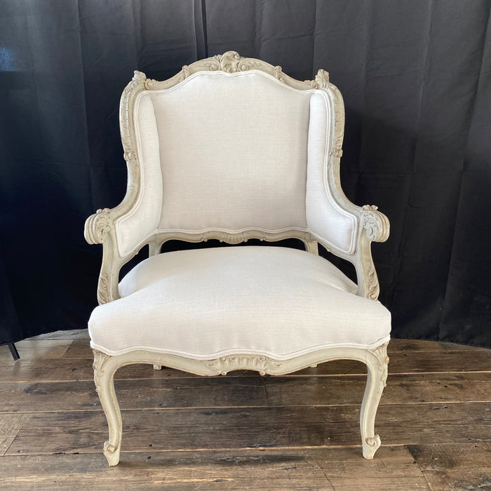 Fine Pair of 19th Century French Louis XV Carved Armchairs Wing chairs or Bergeres with Original Paint