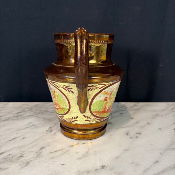 19th Century English Copper Lustreware Pottery Pitcher Jug with Classical Handpainted Figural Decoration
