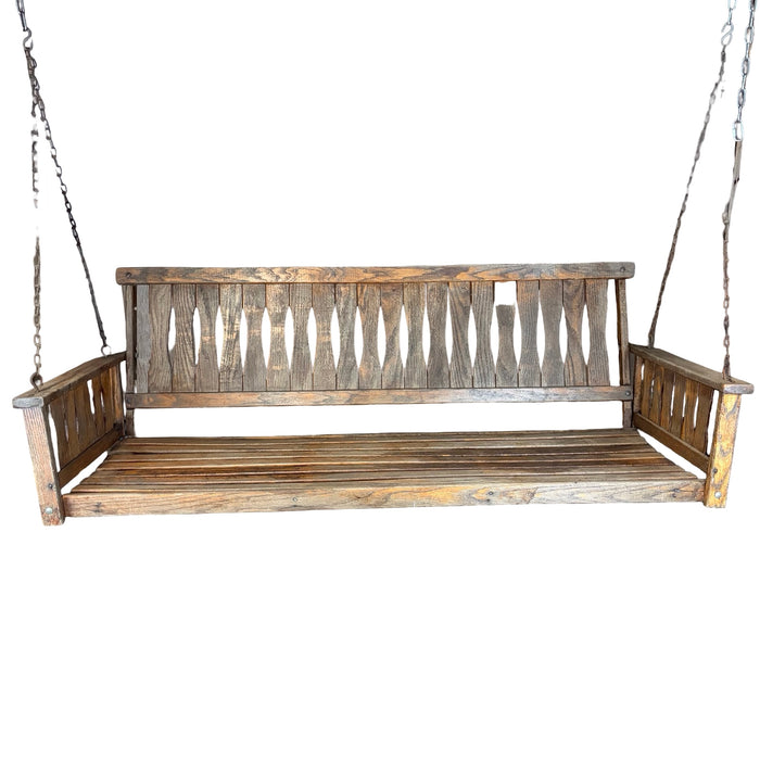 Antique Maine Wooden Porch Swing with Slatted Seat and Decorative Cutout Back