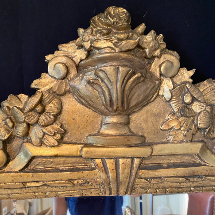 19th Century French Period Louis XVI Gold Mirror with Center Urn Frontispiece