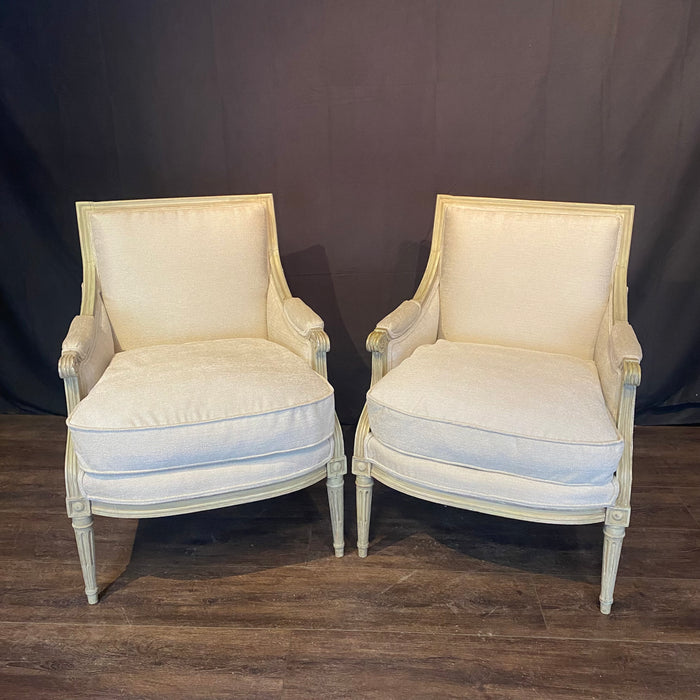 Pair of 19th Century French Louis XVI Painted Bergère Chairs or Armchairs with New Upholstery