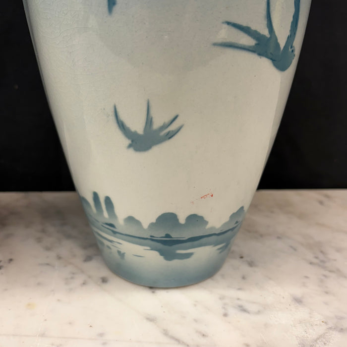 French Faience Three-Piece Vase and Jardinière Set with Swallows by Keller and Guerin