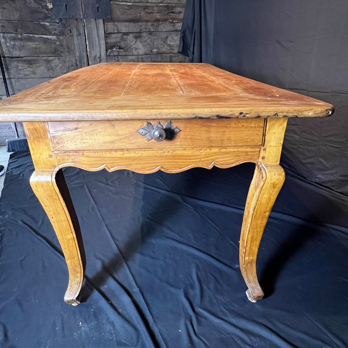 Antique French Farmhouse Dining Table with Scalloped Apron and Two Drawers