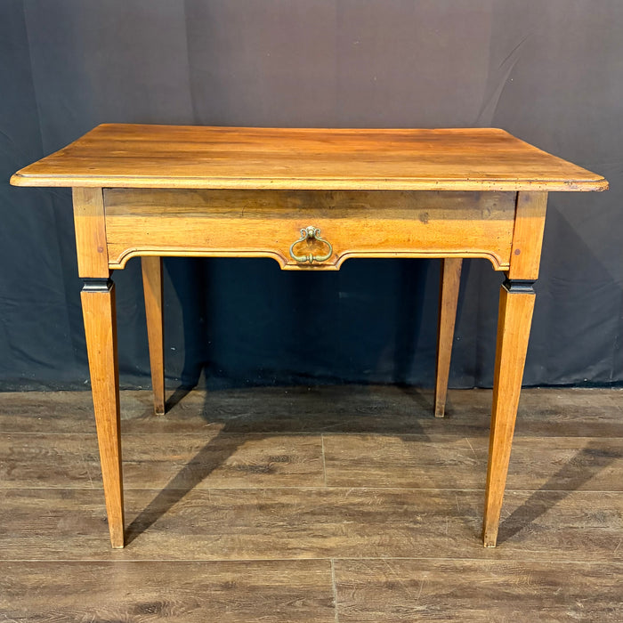 Antique French Neoclassical Fruitwood Side Table or Desk with Drawer and Brass Ring Pull