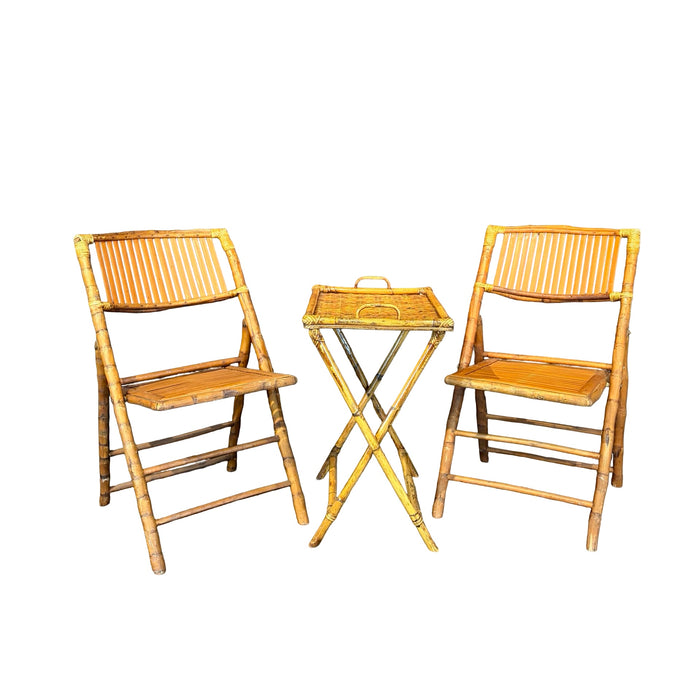 Pair of Midcentury Tortoiseshell Bamboo Folding Chairs with Bamboo and Rattan Tray Table