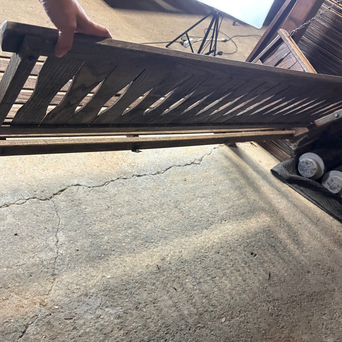 Antique Maine Wooden Porch Swing with Slatted Seat and Decorative Cutout Back