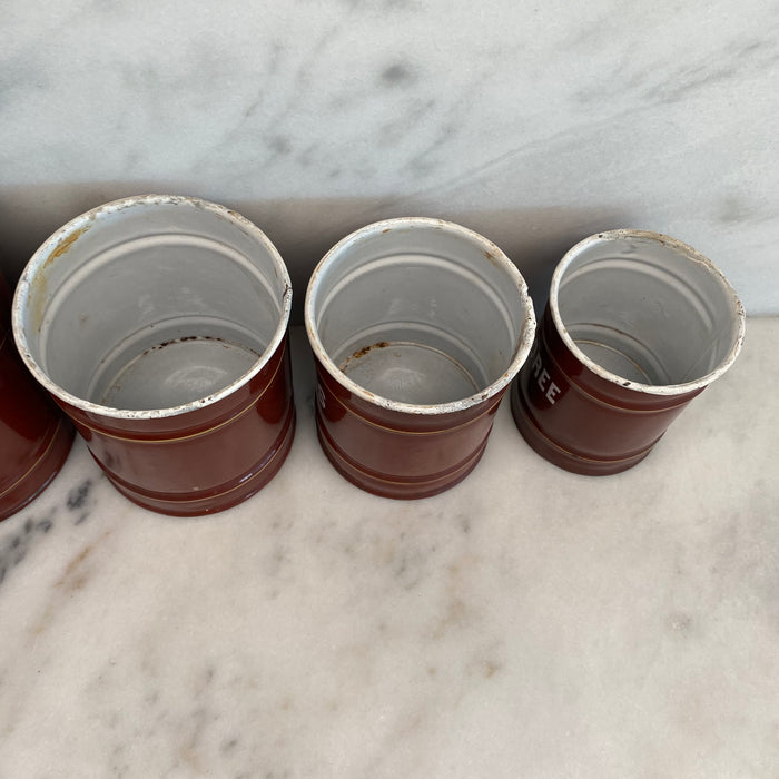 Set of Five French Reddish Brown Enamel Kitchen Canisters with Original Lids