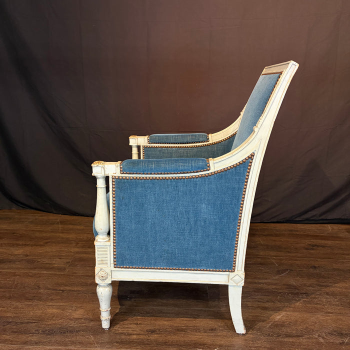 Pair of Antique French Neoclassical Painted Armchairs or Bergères in Blue Mohair