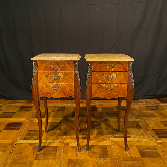 Pair French Louis XV Satinwood Nightstands with Inlaid Marquetry and Marble Tops