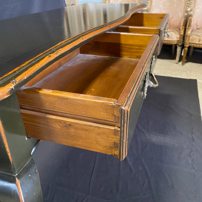 French Louis XV Style Ebonized Console Table or Buffet with Two Drawers and Pull Out Leaf