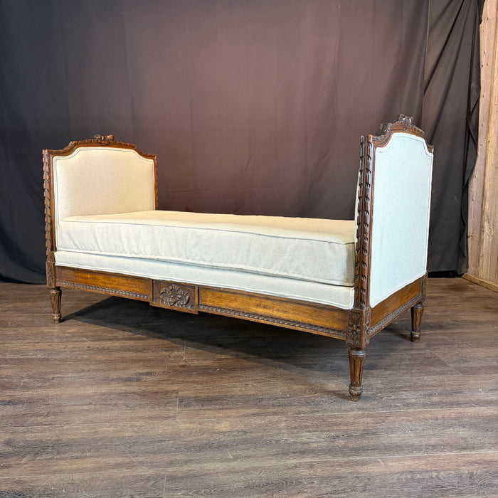 Antique French Louis XVI Carved Walnut Expandable Daybed, Settee and Guest Bed with Neutral Upholstery