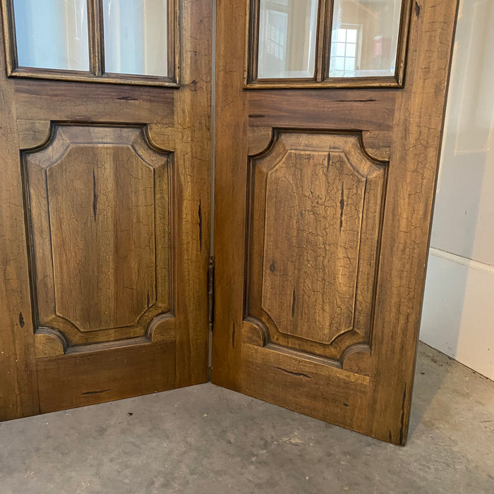 Antique French Four-Panel Folding Screen Room Divider with Beveled Glass Panels