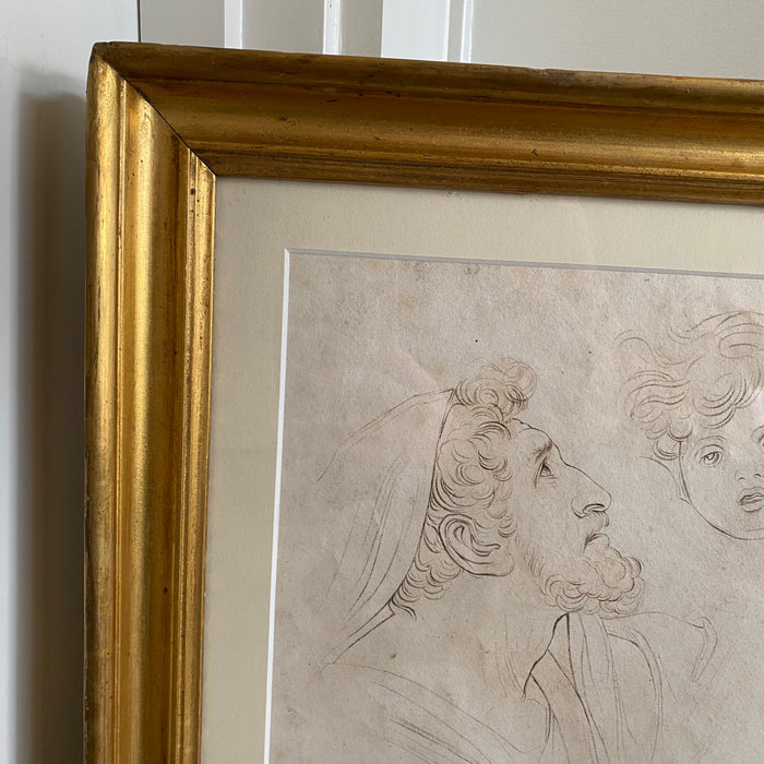 1820 Framed British Artwork Drawing of an Angel Child and Couple in Gold Frame