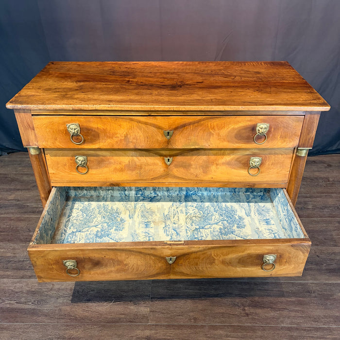 19th Century French Walnut Commode, Dresser or Chest of Drawers with Lion-Head Pulls