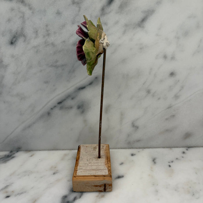 Antique French Purple Porcelain Violet Flower Botanical Sculpture on Custom Display Stand