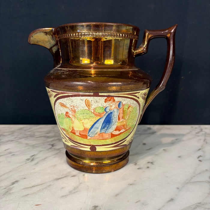 19th Century English Copper Lustreware Pottery Pitcher Jug with Classical Handpainted Figural Decoration