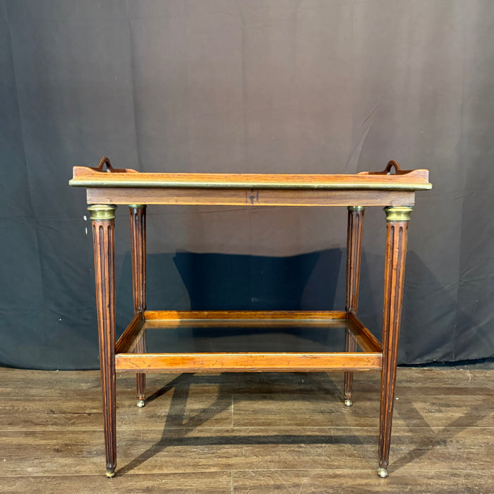 Antique French Bar Cart or Drinks Trolley with Pull-Out Leaves, Glass Shelf and Fluted Legs