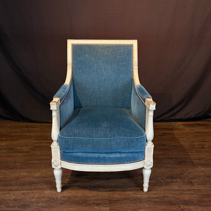 Pair of Antique French Neoclassical Painted Armchairs or Bergères in Blue Mohair