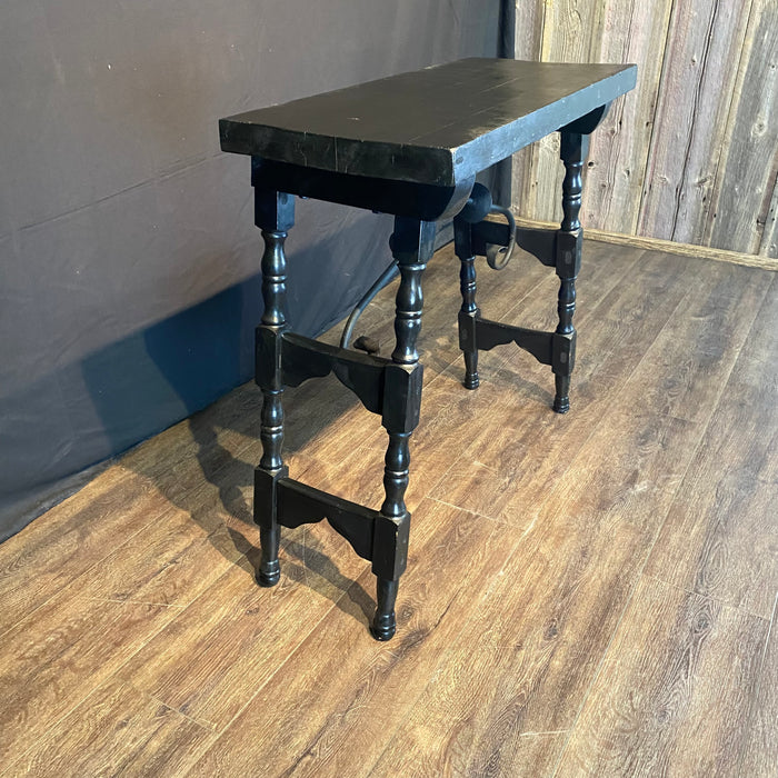 Antique Ebony Spanish Console Table with Curved Wrought Iron Stretchers