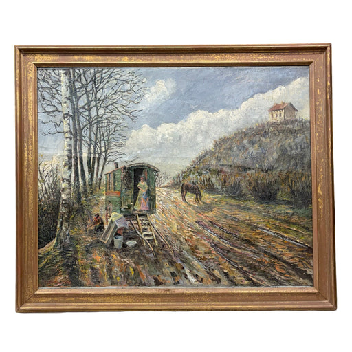 French Impressionist Oil Painting of a Roulotte Caravan on a Country Road, 1943, by Listed Artist Fernand Laval (1886-1966)