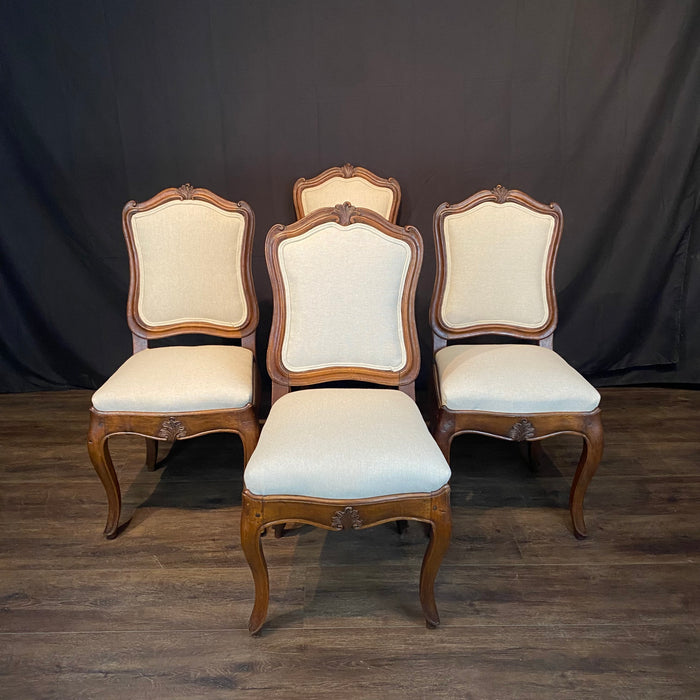 Set of Six Early 18th Century Museum Quality Walnut Carved Italian Dining or Side Chairs with New Upholstery