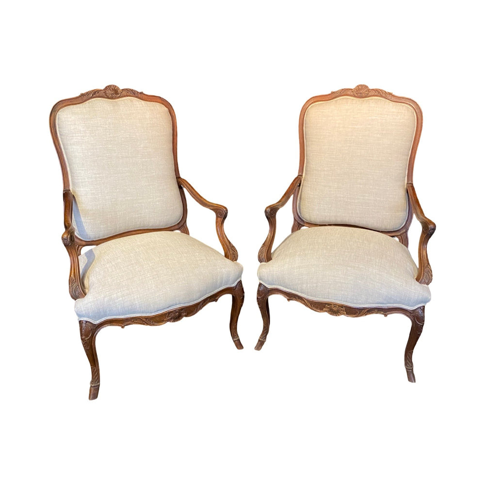 Antique French Pair Louis XV Armchairs or Fauteuils with Fine Carving and New Upholstery