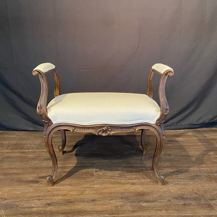 19th Century French Louis XV Carved Walnut Accent Bench, Vanity Seat or Ottoman with New Upholstery