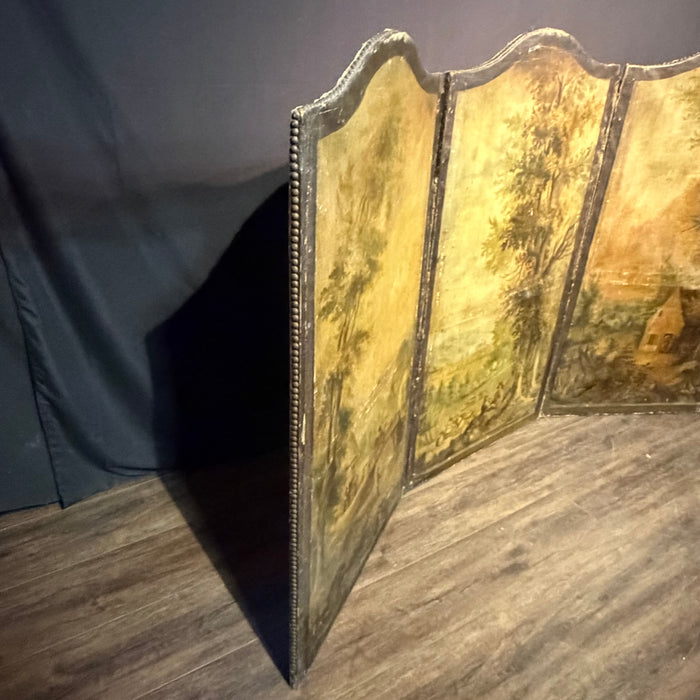 Antique French Painted Screen Depicting Three Figural Landscape Scenes
