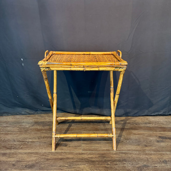 Pair of Midcentury Tortoiseshell Bamboo Folding Chairs with Bamboo and Rattan Tray Table