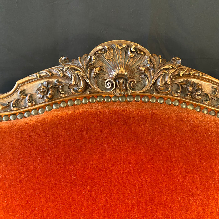 Pair of French Louis XV Intricately Carved Armchairs, Fauteuils or Parlor or Lounge Chairs with Original Fabulous Vermilion Red Mohair