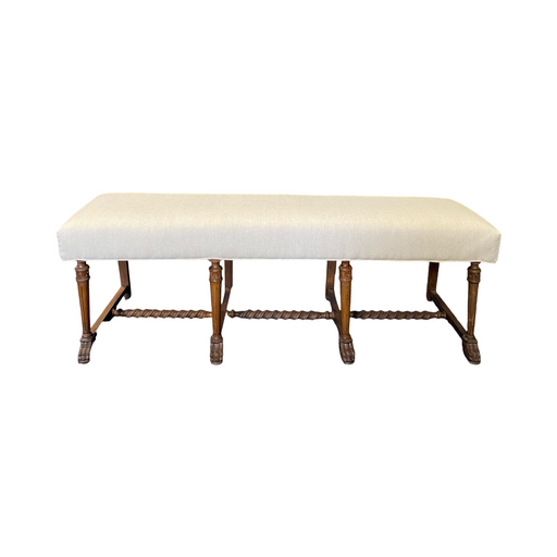 Elegant French Antique Carved Barley Twist Bench with Carved Feet and New Upholstery