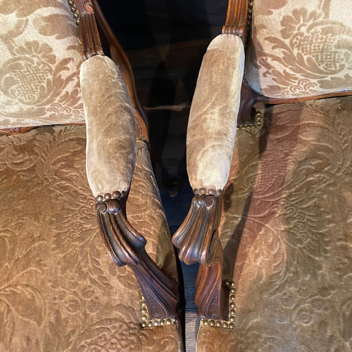 Pair of French Louis XV Carved Armchairs with Cut Velvet Mohair Upholstery