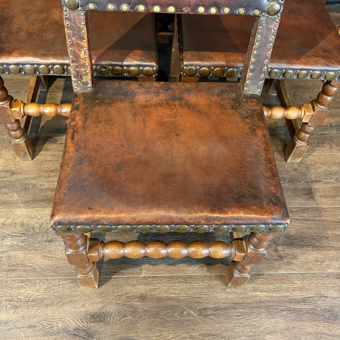 French Antique Set of Leather and Nailhead Dining Chairs with Bobbin Legs